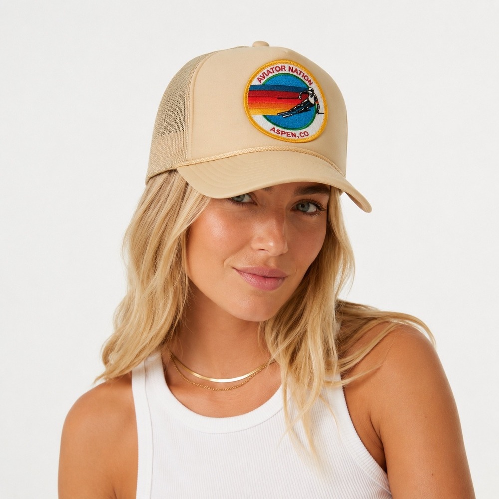 Aviator Nation Aspen CO Skier Trucker Hat Tan Mesh Snapback Cap Retro Rainbow